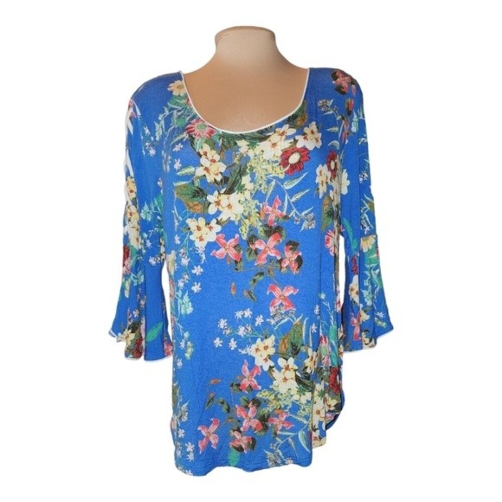 Harlow & Rose Blue Floral Stretch Laced Sleeve Scoop Neck Tunic Size L